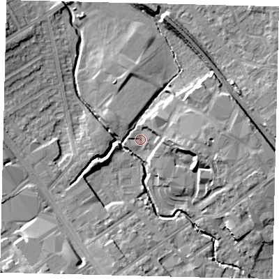 Shaded relief map of the ground around NW95BG, computed from Environment Agency LiDAR. The ground here sits at about 43 m above sea level and falls 12 m across the surrounding 800 m. Surface water reaching this point runs off ground lying to the east, 7.8 m higher.