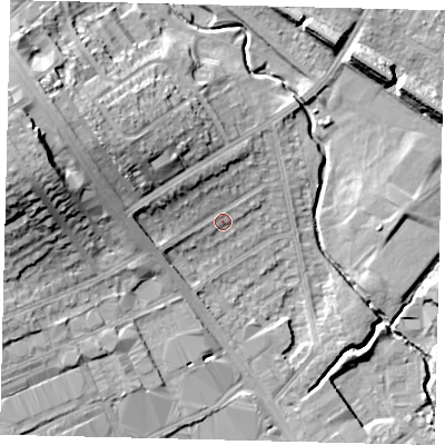 Shaded relief map of the ground around NW95BU, computed from Environment Agency LiDAR. The ground here sits at about 47 m above sea level and falls 22 m across the surrounding 800 m. Surface water reaching this point runs off ground lying to the west, 5.7 m higher.