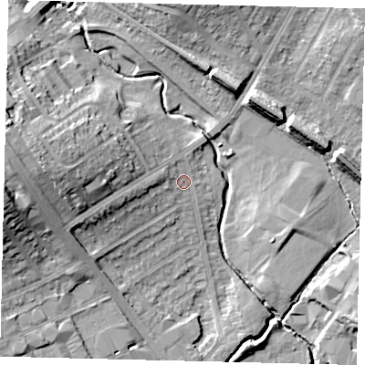 Shaded relief map of the ground around NW95BX, computed from Environment Agency LiDAR. The ground here sits at about 45 m above sea level and falls 20 m across the surrounding 800 m. Surface water reaching this point runs off ground lying to the west-south-west, 7.7 m higher.