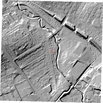 Shaded relief map of the ground around NW95BY, computed from Environment Agency LiDAR. The ground here sits at about 45 m above sea level and falls 18 m across the surrounding 800 m. Surface water reaching this point runs off ground lying to the west-south-west, 7.9 m higher.