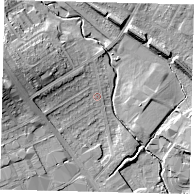 Shaded relief map of the ground around NW95DA, computed from Environment Agency LiDAR. The ground here sits at about 45 m above sea level and falls 18 m across the surrounding 800 m. Surface water reaching this point runs off ground lying to the west, 8.1 m higher.