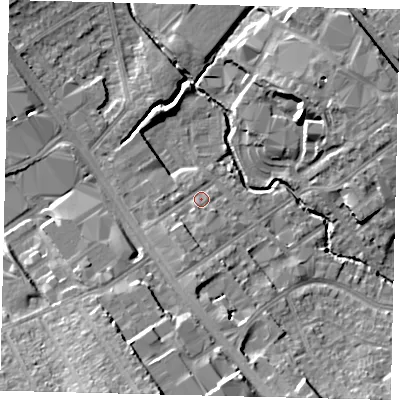 Shaded relief map of the ground around NW95DY, computed from Environment Agency LiDAR. The ground here sits at about 45 m above sea level and falls 19 m across the surrounding 800 m. Surface water reaching this point runs off ground lying to the south-south-west, 4.2 m higher.