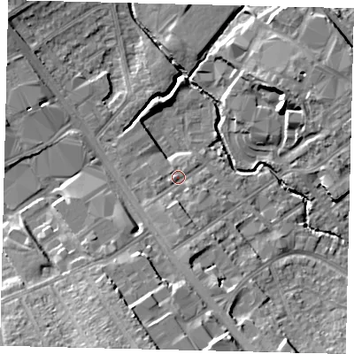Shaded relief map of the ground around NW95ED, computed from Environment Agency LiDAR. The ground here sits at about 45 m above sea level and falls 18 m across the surrounding 800 m. Surface water reaching this point runs off ground lying to the south, 3.3 m higher.