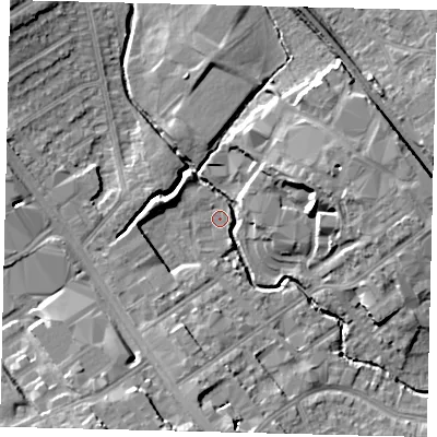 Shaded relief map of the ground around NW95EE, computed from Environment Agency LiDAR. The ground here sits at about 43 m above sea level and falls 14 m across the surrounding 800 m. Surface water reaching this point runs off ground lying to the west-north-west, 4.0 m higher.