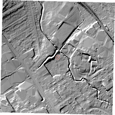 Shaded relief map of the ground around NW95EF, computed from Environment Agency LiDAR. The ground here sits at about 43 m above sea level and falls 14 m across the surrounding 800 m. Surface water reaching this point runs off ground lying to the west, 3.2 m higher.