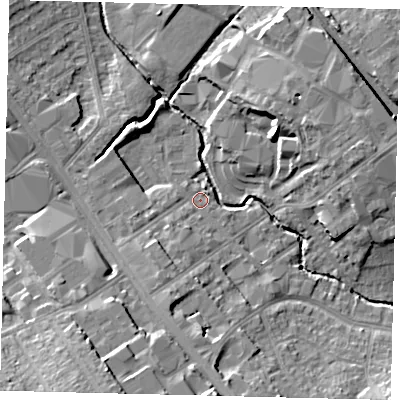 Shaded relief map of the ground around NW95EG, computed from Environment Agency LiDAR. The ground here sits at about 44 m above sea level and falls 17 m across the surrounding 800 m. Surface water reaching this point runs off ground lying to the south-south-west, 5.4 m higher.