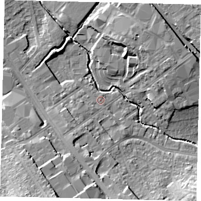 Shaded relief map of the ground around NW95EH, computed from Environment Agency LiDAR. The ground here sits at about 44 m above sea level and falls 20 m across the surrounding 800 m. Surface water reaching this point runs off ground lying to the south-west, 3.1 m higher.