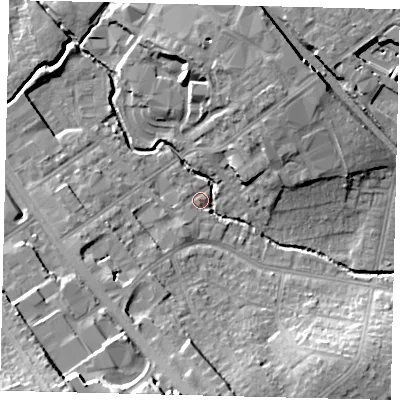 Shaded relief map of the ground around NW95EL, computed from Environment Agency LiDAR. The ground here sits at about 42 m above sea level and falls 25 m across the surrounding 800 m. Surface water reaching this point runs off ground lying to the north-east, 10.6 m higher.
