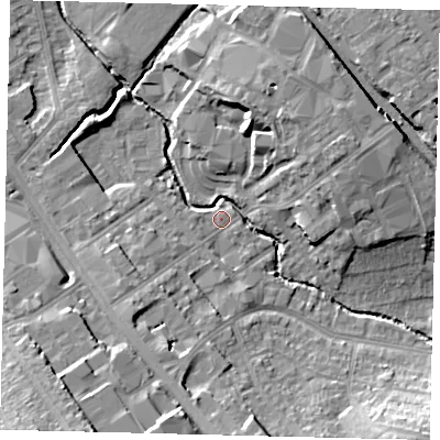 Shaded relief map of the ground around NW95EP, computed from Environment Agency LiDAR. The ground here sits at about 43 m above sea level and falls 19 m across the surrounding 800 m. Surface water reaching this point runs off ground lying to the south-west, 7.9 m higher.