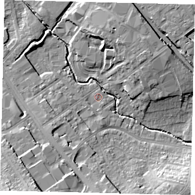 Shaded relief map of the ground around NW95ES, computed from Environment Agency LiDAR. The ground here sits at about 42 m above sea level and falls 21 m across the surrounding 800 m. Surface water reaching this point runs off ground lying to the south-south-west, 7.9 m higher.