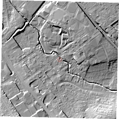 Shaded relief map of the ground around NW95ET, computed from Environment Agency LiDAR. The ground here sits at about 43 m above sea level and falls 20 m across the surrounding 800 m. Surface water reaching this point runs off ground lying to the north-east, 10.3 m higher.