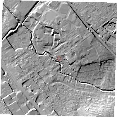 Shaded relief map of the ground around NW95EU, computed from Environment Agency LiDAR. The ground here sits at about 43 m above sea level and falls 19 m across the surrounding 800 m. Surface water reaching this point runs off ground lying to the north-east, 10.5 m higher.