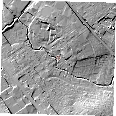 Shaded relief map of the ground around NW95EX, computed from Environment Agency LiDAR. The ground here sits at about 43 m above sea level and falls 20 m across the surrounding 800 m. Surface water reaching this point runs off ground lying to the north-north-east, 10.6 m higher.