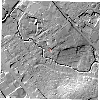 Shaded relief map of the ground around NW95EY, computed from Environment Agency LiDAR. The ground here sits at about 43 m above sea level and falls 21 m across the surrounding 800 m. Surface water reaching this point runs off ground lying to the north-north-east, 7.0 m higher.