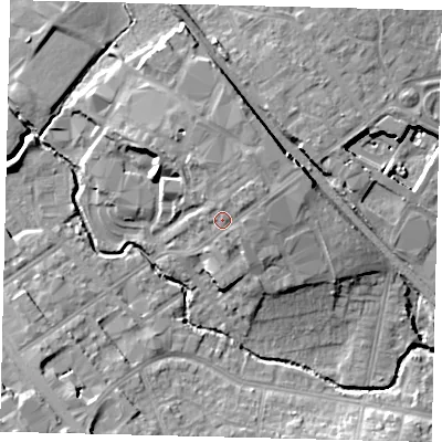 Shaded relief map of the ground around NW95HB, computed from Environment Agency LiDAR. The ground here sits at about 48 m above sea level and falls 14 m across the surrounding 800 m. Surface water reaching this point runs off ground lying to the north-east, 3.6 m higher.