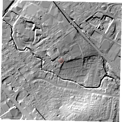 Shaded relief map of the ground around NW95RJ, computed from Environment Agency LiDAR. The ground here sits at about 45 m above sea level and falls 20 m across the surrounding 800 m. Surface water reaching this point runs off ground lying to the north, 4.6 m higher.