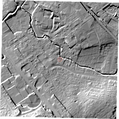 Shaded relief map of the ground around NW96BY, computed from Environment Agency LiDAR. The ground here sits at about 42 m above sea level and falls 30 m across the surrounding 800 m. Surface water reaching this point runs off ground lying to the north-north-east, 10.8 m higher.