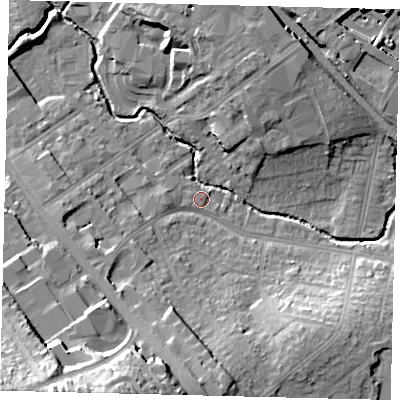 Shaded relief map of the ground around NW96DA, computed from Environment Agency LiDAR. The ground here sits at about 42 m above sea level and falls 32 m across the surrounding 800 m. Surface water reaching this point runs off ground lying to the west, 3.3 m higher.