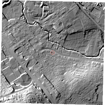 Shaded relief map of the ground around NW96DD, computed from Environment Agency LiDAR. The ground here sits at about 43 m above sea level and falls 36 m across the surrounding 800 m. Surface water reaching this point runs off ground lying to the south, 13.8 m higher.