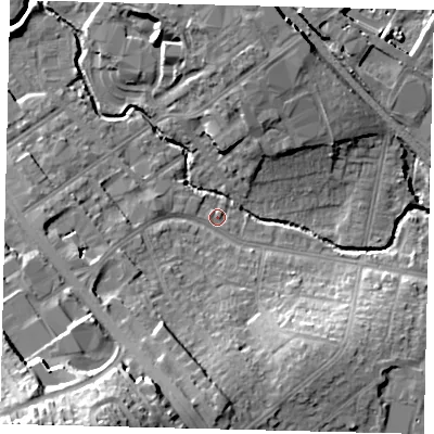 Shaded relief map of the ground around NW96DE, computed from Environment Agency LiDAR. The ground here sits at about 42 m above sea level and falls 34 m across the surrounding 800 m. Surface water reaching this point runs off ground lying to the south, 13.8 m higher.