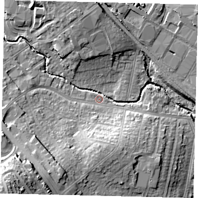 Shaded relief map of the ground around NW96DF, computed from Environment Agency LiDAR. The ground here sits at about 41 m above sea level and falls 34 m across the surrounding 800 m. Surface water reaching this point runs off ground lying to the south-south-west, 16.1 m higher.