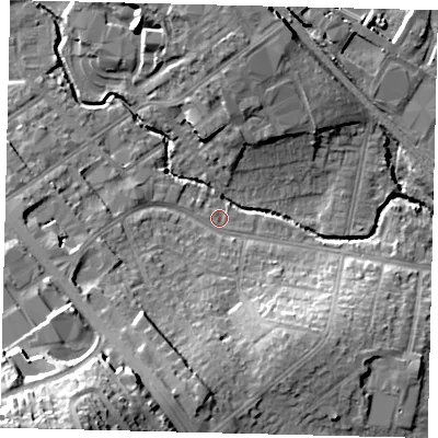 Shaded relief map of the ground around NW96DG, computed from Environment Agency LiDAR. The ground here sits at about 41 m above sea level and falls 36 m across the surrounding 800 m. Surface water reaching this point runs off ground lying to the north, 10.8 m higher.