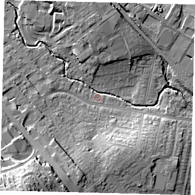 Shaded relief map of the ground around NW96DH, computed from Environment Agency LiDAR. The ground here sits at about 41 m above sea level and falls 35 m across the surrounding 800 m. Surface water reaching this point runs off ground lying to the south-south-west, 16.1 m higher.