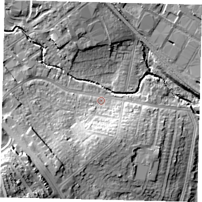 Shaded relief map of the ground around NW96DJ, computed from Environment Agency LiDAR. The ground here sits at about 42 m above sea level and falls 36 m across the surrounding 800 m. Surface water reaching this point runs off ground lying to the south, 10.1 m higher.