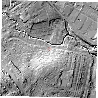 Shaded relief map of the ground around NW96DL, computed from Environment Agency LiDAR. The ground here sits at about 42 m above sea level and falls 34 m across the surrounding 800 m. Surface water reaching this point runs off ground lying to the south, 10.0 m higher.