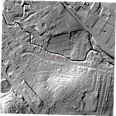 Shaded relief map of the ground around NW96DQ, computed from Environment Agency LiDAR. The ground here sits at about 41 m above sea level and falls 35 m across the surrounding 800 m. Surface water reaching this point runs off ground lying to the south-east, 0.6 m higher.