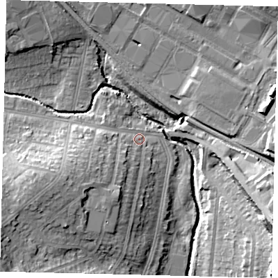 Shaded relief map of the ground around NW96DU, computed from Environment Agency LiDAR. The ground here sits at about 42 m above sea level and falls 21 m across the surrounding 800 m. Surface water reaching this point runs off ground lying to the south-south-west, 8.5 m higher.