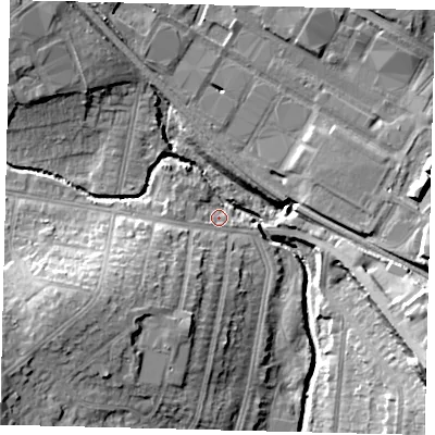 Shaded relief map of the ground around NW96DX, computed from Environment Agency LiDAR. The ground here sits at about 40 m above sea level and falls 20 m across the surrounding 800 m. Surface water reaching this point runs off ground lying to the south-west, 11.7 m higher.