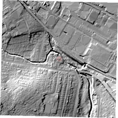 Shaded relief map of the ground around NW96DY, computed from Environment Agency LiDAR. The ground here sits at about 41 m above sea level and falls 17 m across the surrounding 800 m. Surface water reaching this point runs off ground lying to the south-west, 2.3 m higher.