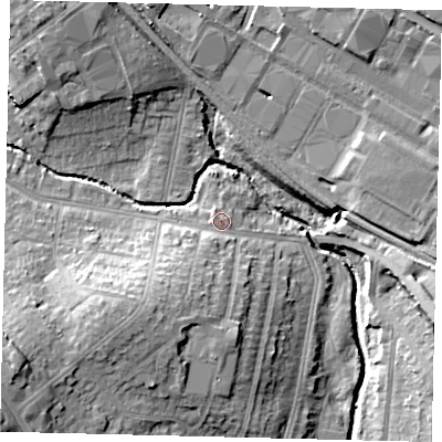 Shaded relief map of the ground around NW96EA, computed from Environment Agency LiDAR. The ground here sits at about 43 m above sea level and falls 20 m across the surrounding 800 m. Surface water reaching this point runs off ground lying to the south-south-west, 2.6 m higher.