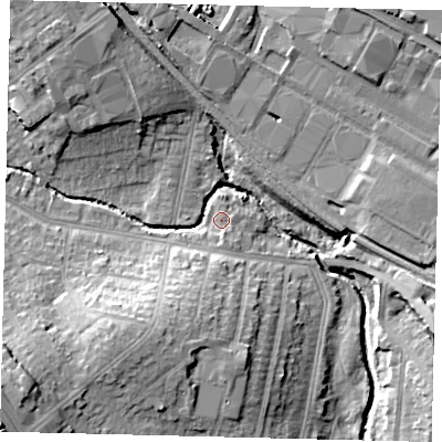 Shaded relief map of the ground around NW96EB, computed from Environment Agency LiDAR. The ground here sits at about 42 m above sea level and falls 21 m across the surrounding 800 m. Surface water reaching this point runs off ground lying to the south, 2.1 m higher.