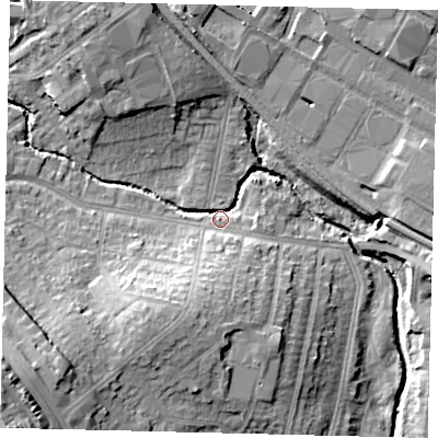 Shaded relief map of the ground around NW96ED, computed from Environment Agency LiDAR. The ground here sits at about 42 m above sea level and falls 26 m across the surrounding 800 m. Surface water reaching this point runs off ground lying to the south-west, 15.5 m higher.