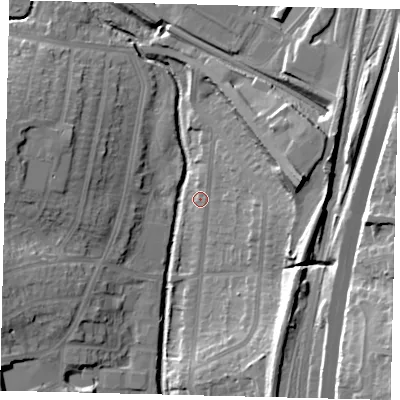 Shaded relief map of the ground around NW96EJ, computed from Environment Agency LiDAR. The ground here sits at about 42 m above sea level and falls 28 m across the surrounding 800 m. Surface water reaching this point runs off ground lying to the east, 5.7 m higher.