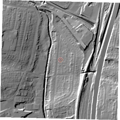 Shaded relief map of the ground around NW96EL, computed from Environment Agency LiDAR. The ground here sits at about 43 m above sea level and falls 29 m across the surrounding 800 m. Surface water reaching this point runs off ground lying to the east-north-east, 19.1 m higher.