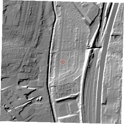 Shaded relief map of the ground around NW96EP, computed from Environment Agency LiDAR. The ground here sits at about 42 m above sea level and falls 29 m across the surrounding 800 m. Surface water reaching this point runs off ground lying to the east-south-east, 14.4 m higher.