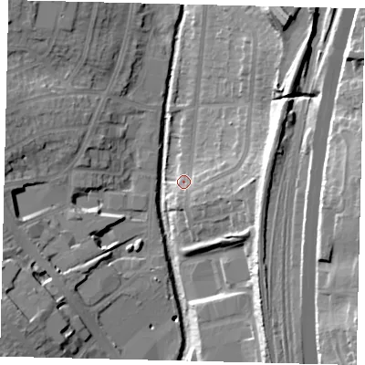 Shaded relief map of the ground around NW96ER, computed from Environment Agency LiDAR. The ground here sits at about 43 m above sea level and falls 29 m across the surrounding 800 m. Surface water reaching this point runs off ground lying to the east-south-east, 5.0 m higher.