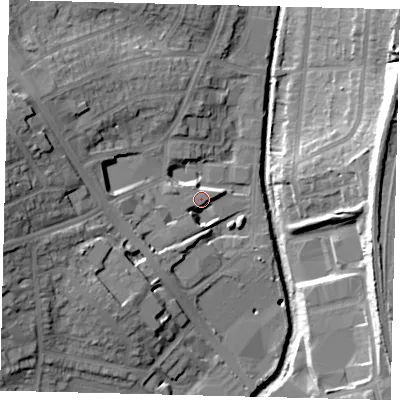 Shaded relief map of the ground around NW96FR, computed from Environment Agency LiDAR. The ground here sits at about 44 m above sea level and falls 24 m across the surrounding 800 m. Surface water reaching this point runs off ground lying to the west, 6.7 m higher.