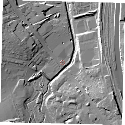 Shaded relief map of the ground around NW96FZ, computed from Environment Agency LiDAR. The ground here sits at about 40 m above sea level and falls 25 m across the surrounding 800 m. Surface water reaching this point runs off ground lying to the north-west, 11.6 m higher.