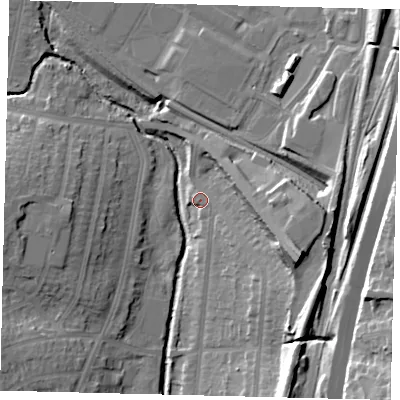 Shaded relief map of the ground around NW96HA, computed from Environment Agency LiDAR. The ground here sits at about 43 m above sea level and falls 26 m across the surrounding 800 m. Surface water reaching this point runs off ground lying to the east-south-east, 18.6 m higher.