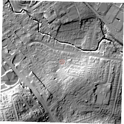 Shaded relief map of the ground around NW96JE, computed from Environment Agency LiDAR. The ground here sits at about 44 m above sea level and falls 43 m across the surrounding 800 m. Surface water reaching this point runs off ground lying to the south-south-west, 11.1 m higher.