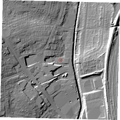Shaded relief map of the ground around NW96JL, computed from Environment Agency LiDAR. The ground here sits at about 41 m above sea level and falls 25 m across the surrounding 800 m. Surface water reaching this point runs off ground lying to the west-north-west, 16.6 m higher.