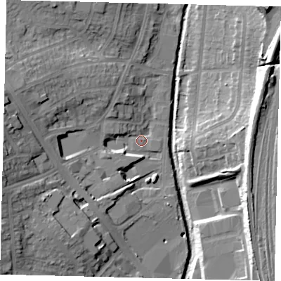 Shaded relief map of the ground around NW96JP, computed from Environment Agency LiDAR. The ground here sits at about 41 m above sea level and falls 25 m across the surrounding 800 m. Surface water reaching this point runs off ground lying to the west-north-west, 16.6 m higher.