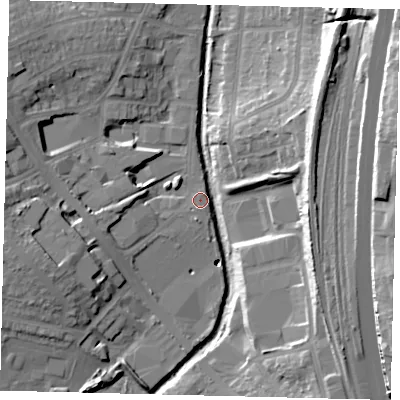 Shaded relief map of the ground around NW96JX, computed from Environment Agency LiDAR. The ground here sits at about 41 m above sea level and falls 26 m across the surrounding 800 m. Surface water reaching this point runs off ground lying to the east-north-east, 17.0 m higher.