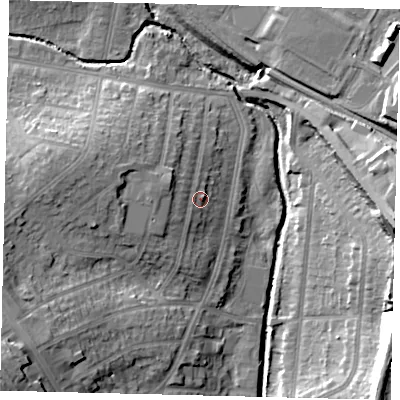 Shaded relief map of the ground around NW96PB, computed from Environment Agency LiDAR. The ground here sits at about 45 m above sea level and falls 22 m across the surrounding 800 m. Surface water reaching this point runs off ground lying to the west, 3.4 m higher.
