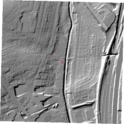 Shaded relief map of the ground around NW96QA, computed from Environment Agency LiDAR. The ground here sits at about 40 m above sea level and falls 24 m across the surrounding 800 m. Surface water reaching this point runs off ground lying to the north-east, 23.3 m higher.
