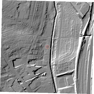 Shaded relief map of the ground around NW96QB, computed from Environment Agency LiDAR. The ground here sits at about 40 m above sea level and falls 25 m across the surrounding 800 m. Surface water reaching this point runs off ground lying to the west-south-west, 13.2 m higher.